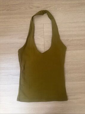 Zara Olive Martini Green Halter Tank Top - Stretchy Fitted Ribbed Knit